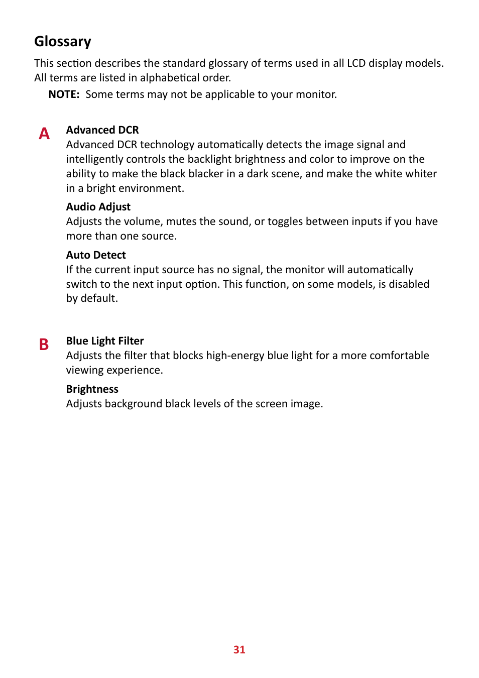 Glossary | VIEWSONIC VX4381-4K 42.5" 16:9 4K HDR10 MVA Monitor User Manual | Page 31 / 49