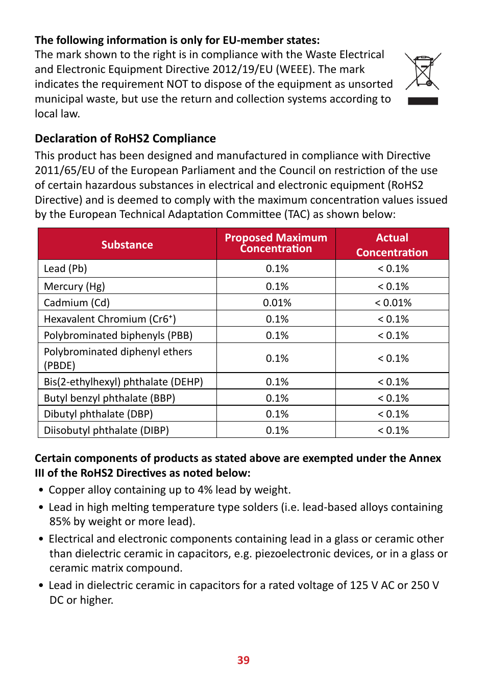 Declaration of rohs2 compliance | VIEWSONIC VX4381-4K 42.5" 16:9 4K HDR10 MVA Monitor User Manual | Page 39 / 49