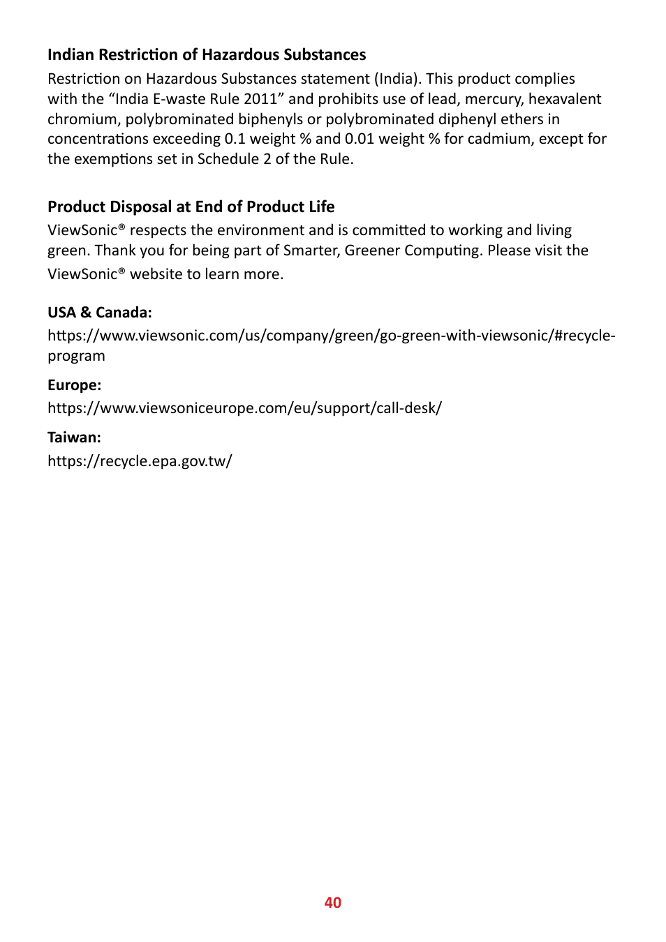 Indian restriction of hazardous substances, Product disposal at end of product life | VIEWSONIC VX4381-4K 42.5" 16:9 4K HDR10 MVA Monitor User Manual | Page 40 / 49