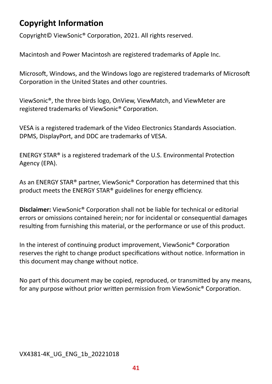 Copyright information | VIEWSONIC VX4381-4K 42.5" 16:9 4K HDR10 MVA Monitor User Manual | Page 41 / 49