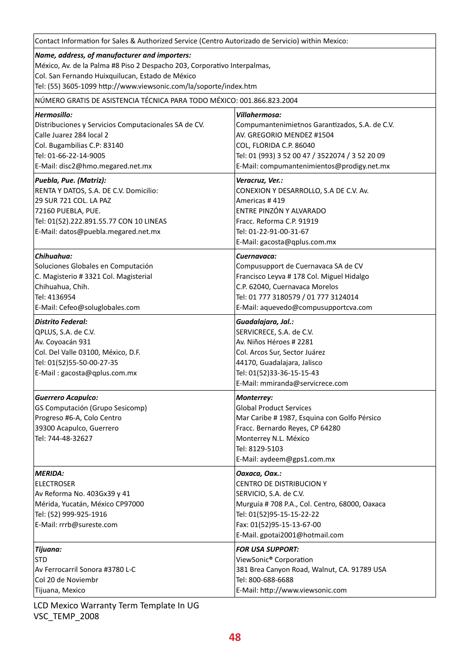VIEWSONIC VX4381-4K 42.5" 16:9 4K HDR10 MVA Monitor User Manual | Page 48 / 49
