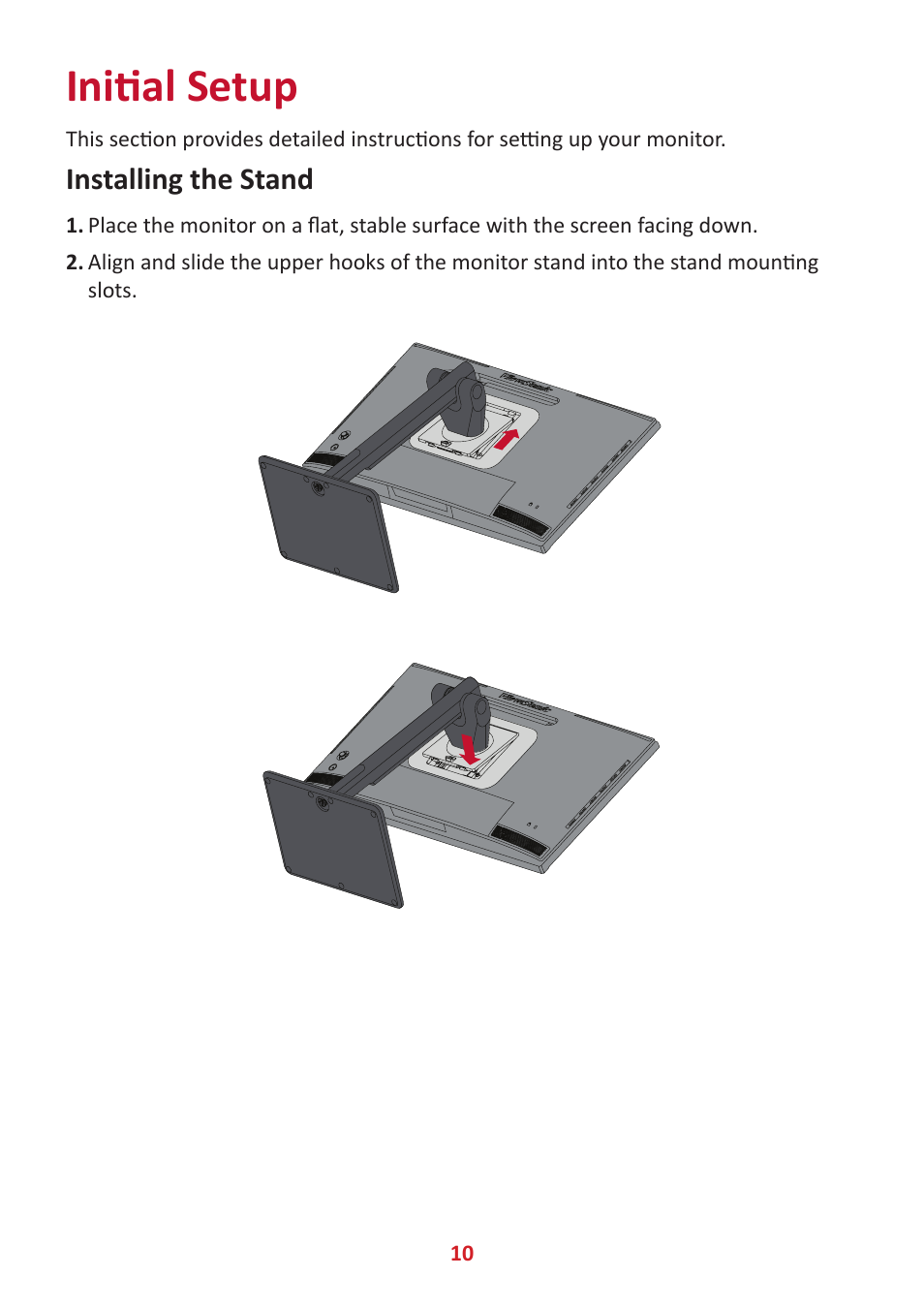 Initial setup, Installing the stand | VIEWSONIC ColorPro 27" 4K HDR Monitor User Manual | Page 10 / 82