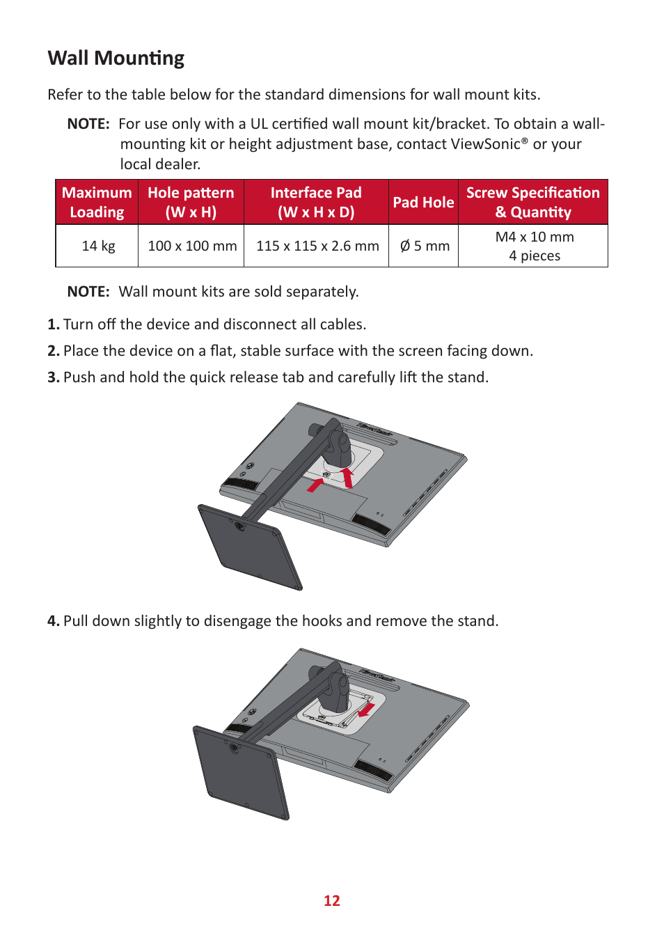 Wall mounting | VIEWSONIC ColorPro 27" 4K HDR Monitor User Manual | Page 12 / 82