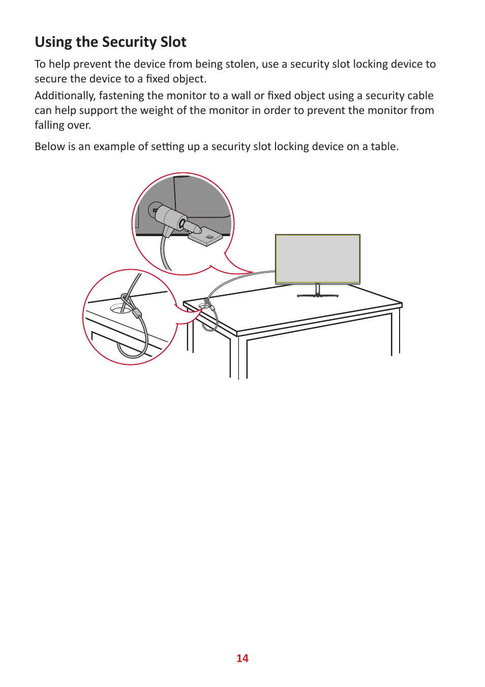 Using the security slot | VIEWSONIC ColorPro 27" 4K HDR Monitor User Manual | Page 14 / 82