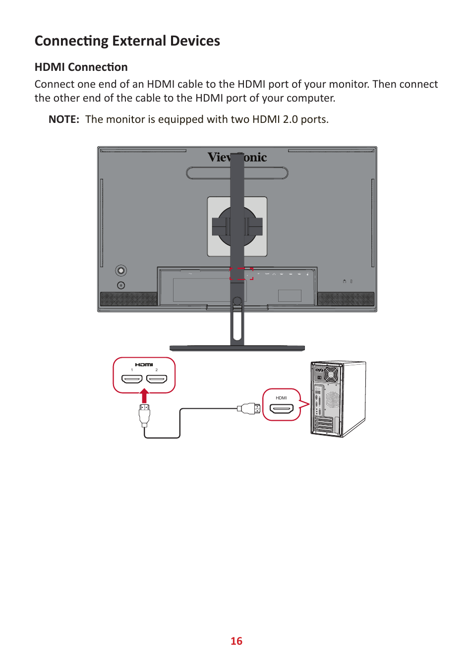 Connecting external devices, Hdmi connection | VIEWSONIC ColorPro 27" 4K HDR Monitor User Manual | Page 16 / 82