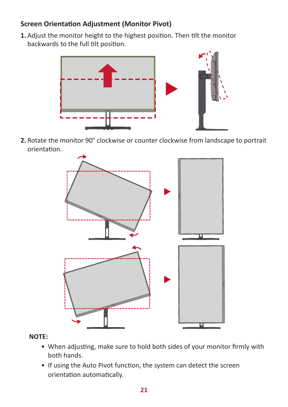 Screen orientation adjustment (monitor pivot) | VIEWSONIC ColorPro 27" 4K HDR Monitor User Manual | Page 21 / 82