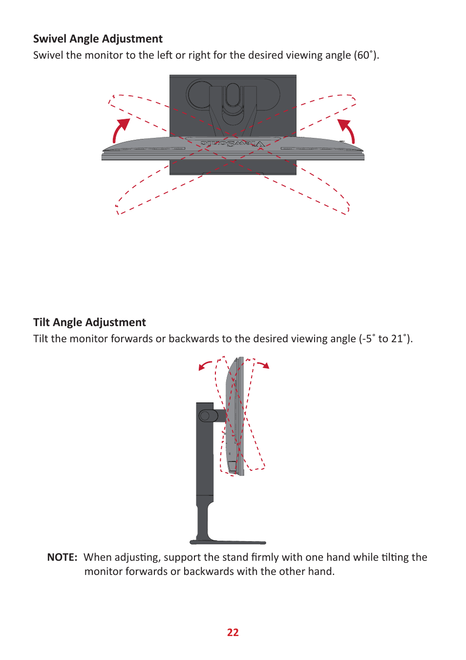 Swivel angle adjustment, Tilt angle adjustment | VIEWSONIC ColorPro 27" 4K HDR Monitor User Manual | Page 22 / 82