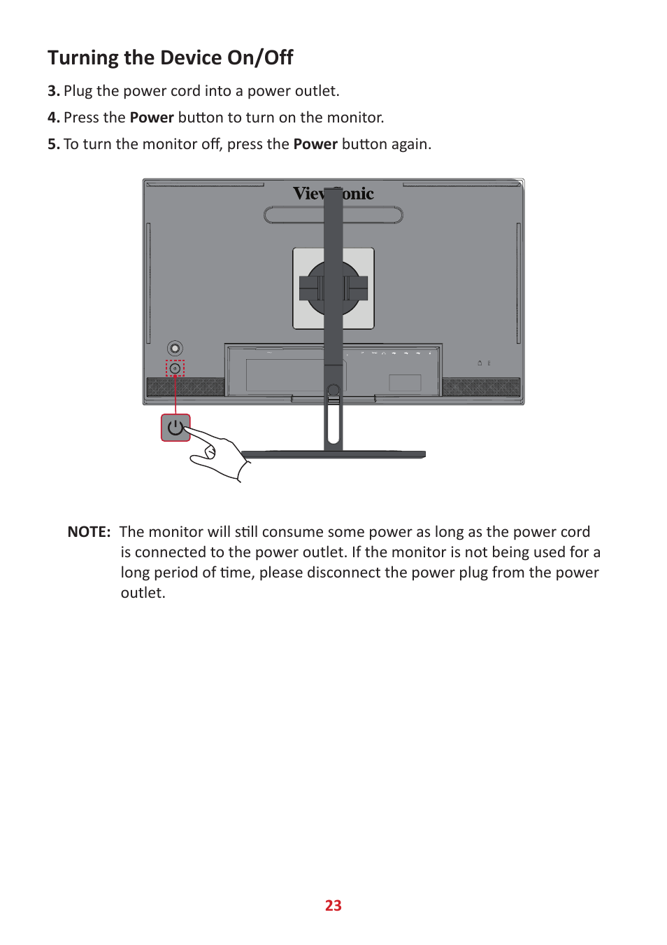 Turning the device on/off | VIEWSONIC ColorPro 27" 4K HDR Monitor User Manual | Page 23 / 82