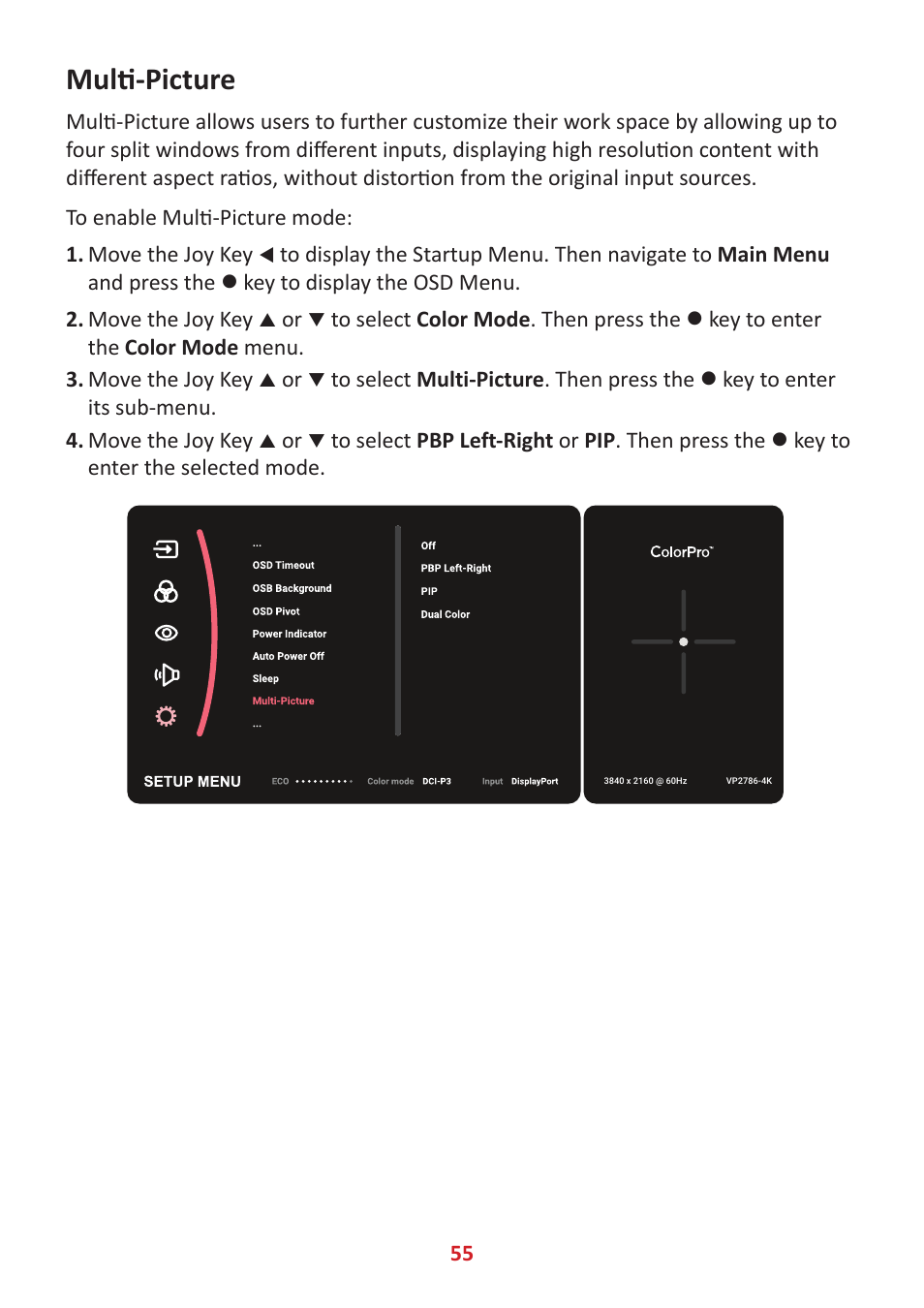 Multi-picture | VIEWSONIC ColorPro 27" 4K HDR Monitor User Manual | Page 55 / 82