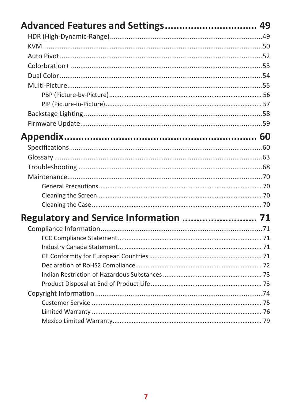 Advanced features and settings, Appendix, Regulatory and service information | VIEWSONIC ColorPro 27" 4K HDR Monitor User Manual | Page 7 / 82