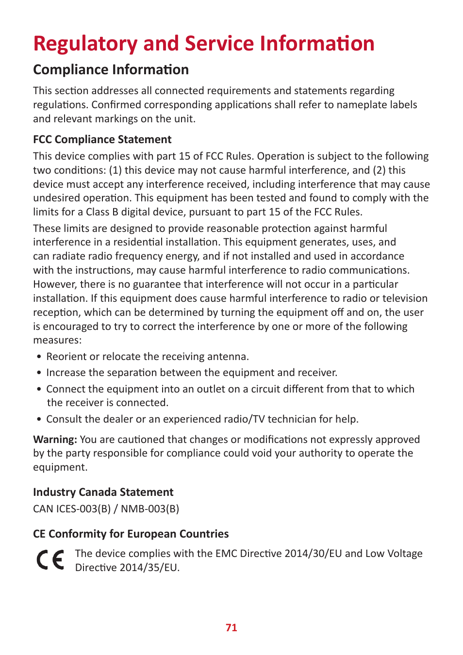 Regulatory and service information, Compliance information, Fcc compliance statement | Industry canada statement, Ce conformity for european countries | VIEWSONIC ColorPro 27" 4K HDR Monitor User Manual | Page 71 / 82