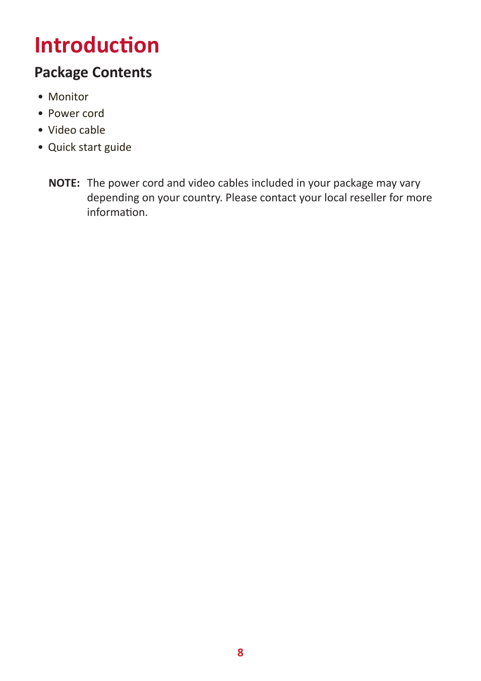Introduction, Package contents | VIEWSONIC ColorPro 27" 4K HDR Monitor User Manual | Page 8 / 82