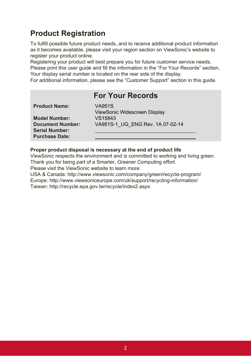 Product registration, For your records | VIEWSONIC VA951S 19" 5:4 IPS Monitor User Manual | Page 10 / 26