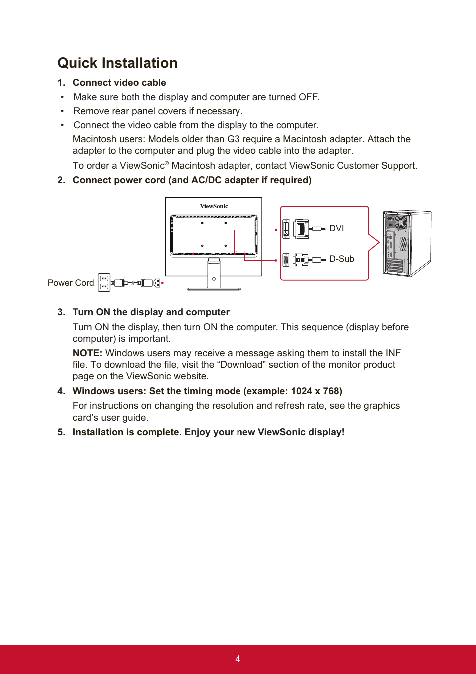 Quick installation | VIEWSONIC VA951S 19" 5:4 IPS Monitor User Manual | Page 12 / 26