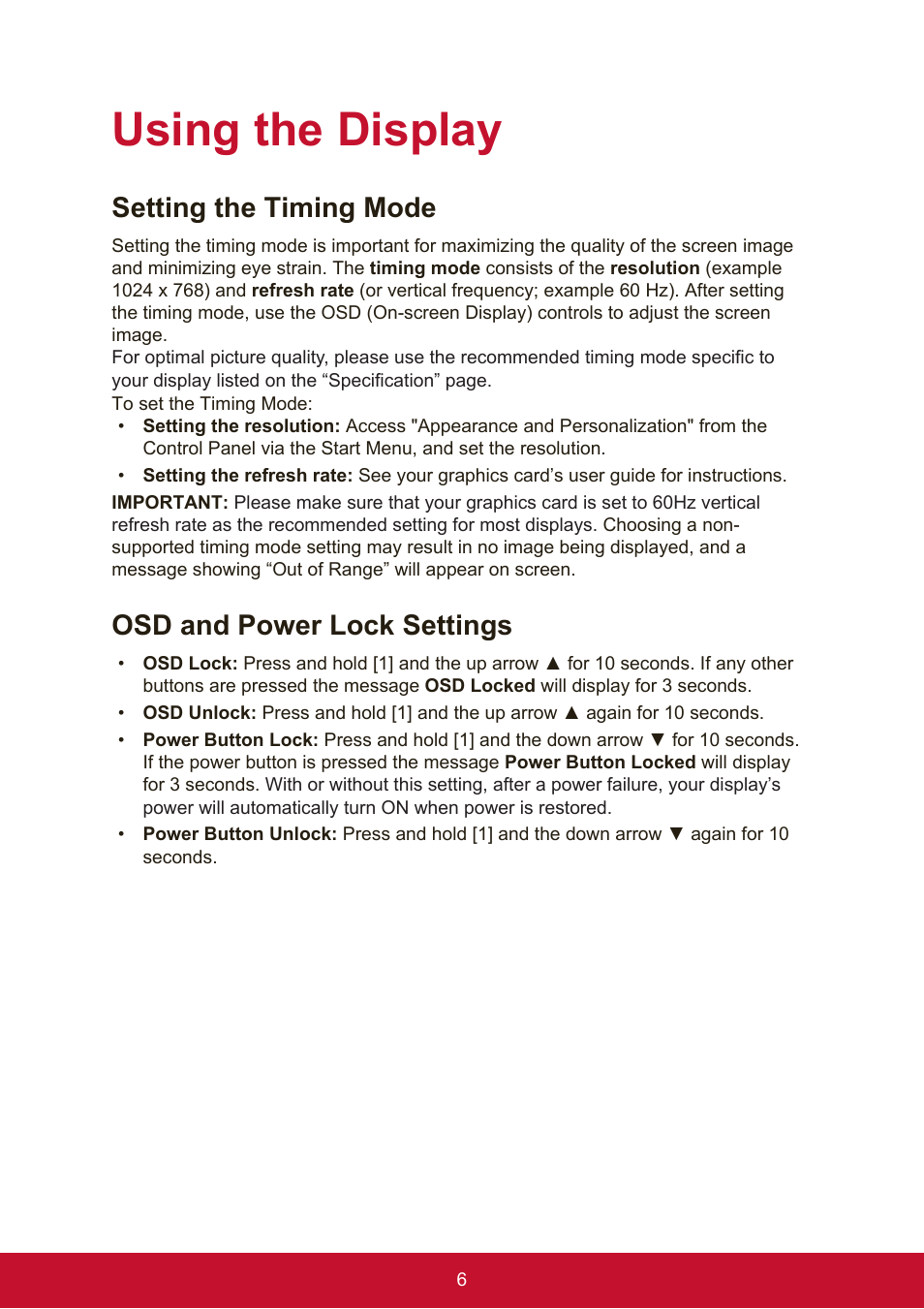 Using the display, Setting the timing mode, Osd and power lock settings | VIEWSONIC VA951S 19" 5:4 IPS Monitor User Manual | Page 14 / 26