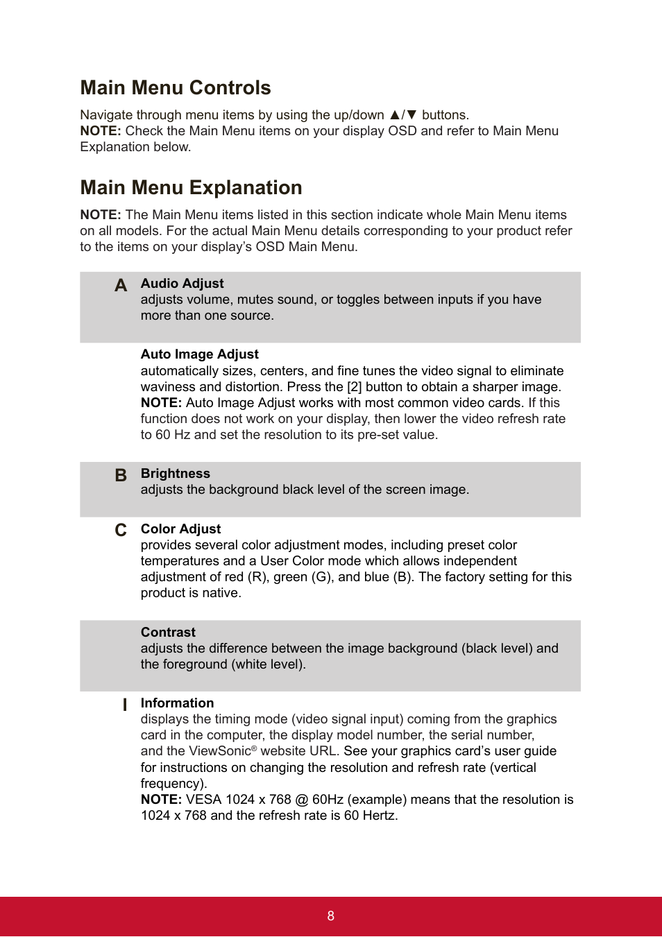 Main menu controls, Main menu explanation | VIEWSONIC VA951S 19" 5:4 IPS Monitor User Manual | Page 16 / 26