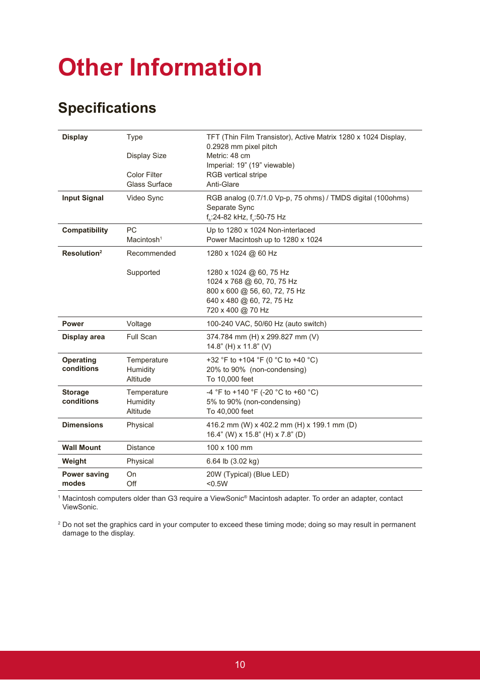 Other information, Specifications | VIEWSONIC VA951S 19" 5:4 IPS Monitor User Manual | Page 18 / 26