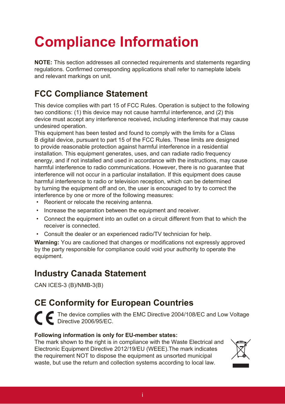 Compliance information, Fcc compliance statement, Industry canada statement | Ce conformity for european countries | VIEWSONIC VA951S 19" 5:4 IPS Monitor User Manual | Page 3 / 26