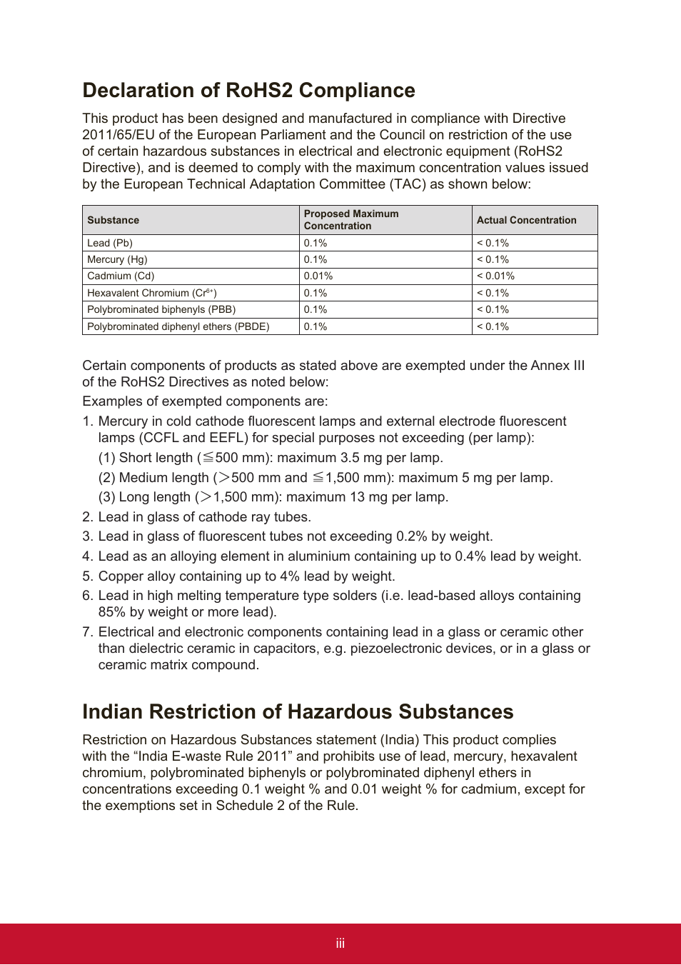 Declaration of rohs2 compliance, Indian restriction of hazardous substances | VIEWSONIC VA951S 19" 5:4 IPS Monitor User Manual | Page 5 / 26