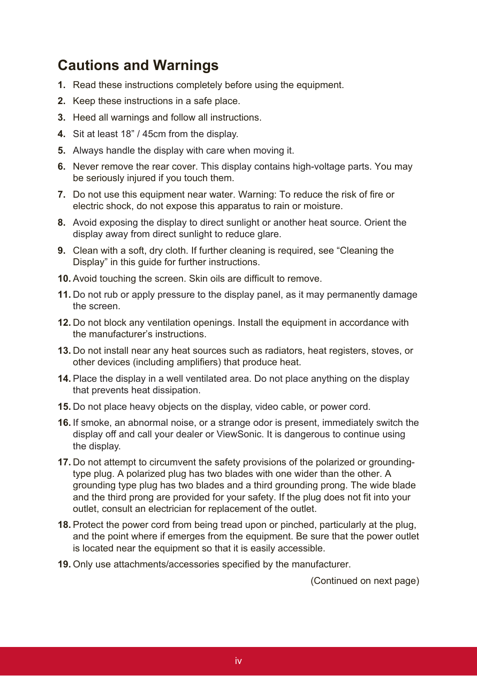 Cautions and warnings | VIEWSONIC VA951S 19" 5:4 IPS Monitor User Manual | Page 6 / 26