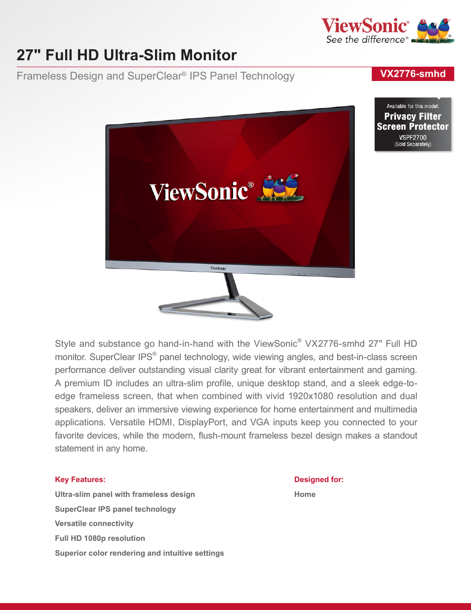 VIEWSONIC VX2776SMHD 27" 16:9 IPS Monitor User Manual | 2 pages