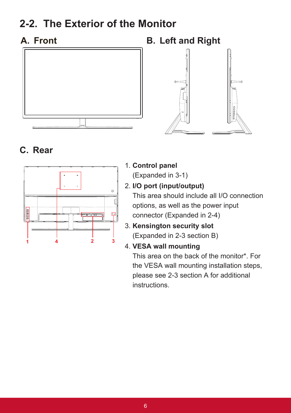 2. the exterior of the monitor, A. front b. left and right c. rear | VIEWSONIC VX3211-2K-mhd 32" 16:9 IPS Monitor User Manual | Page 10 / 59