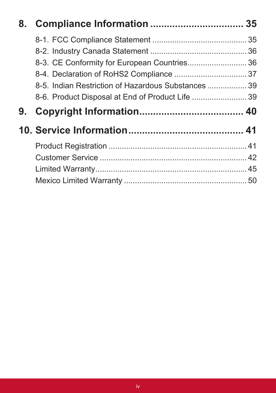 Compliance information, Copyright information 10. service information | VIEWSONIC VX3211-2K-mhd 32" 16:9 IPS Monitor User Manual | Page 4 / 59