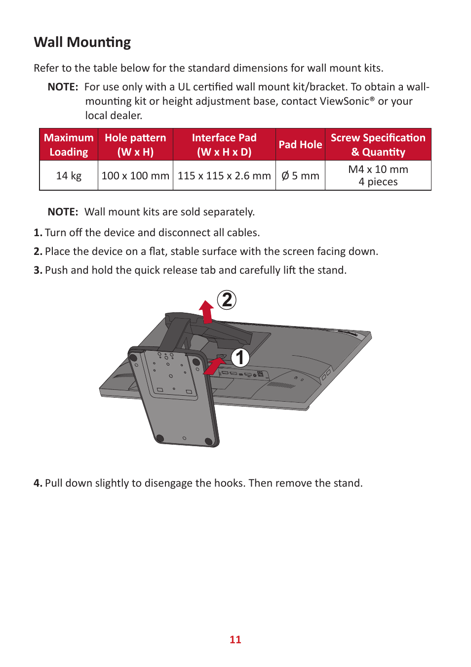 Wall mounting | VIEWSONIC TD2455 23.8" 16:9 Multi-Touch IPS Monitor User Manual | Page 11 / 63