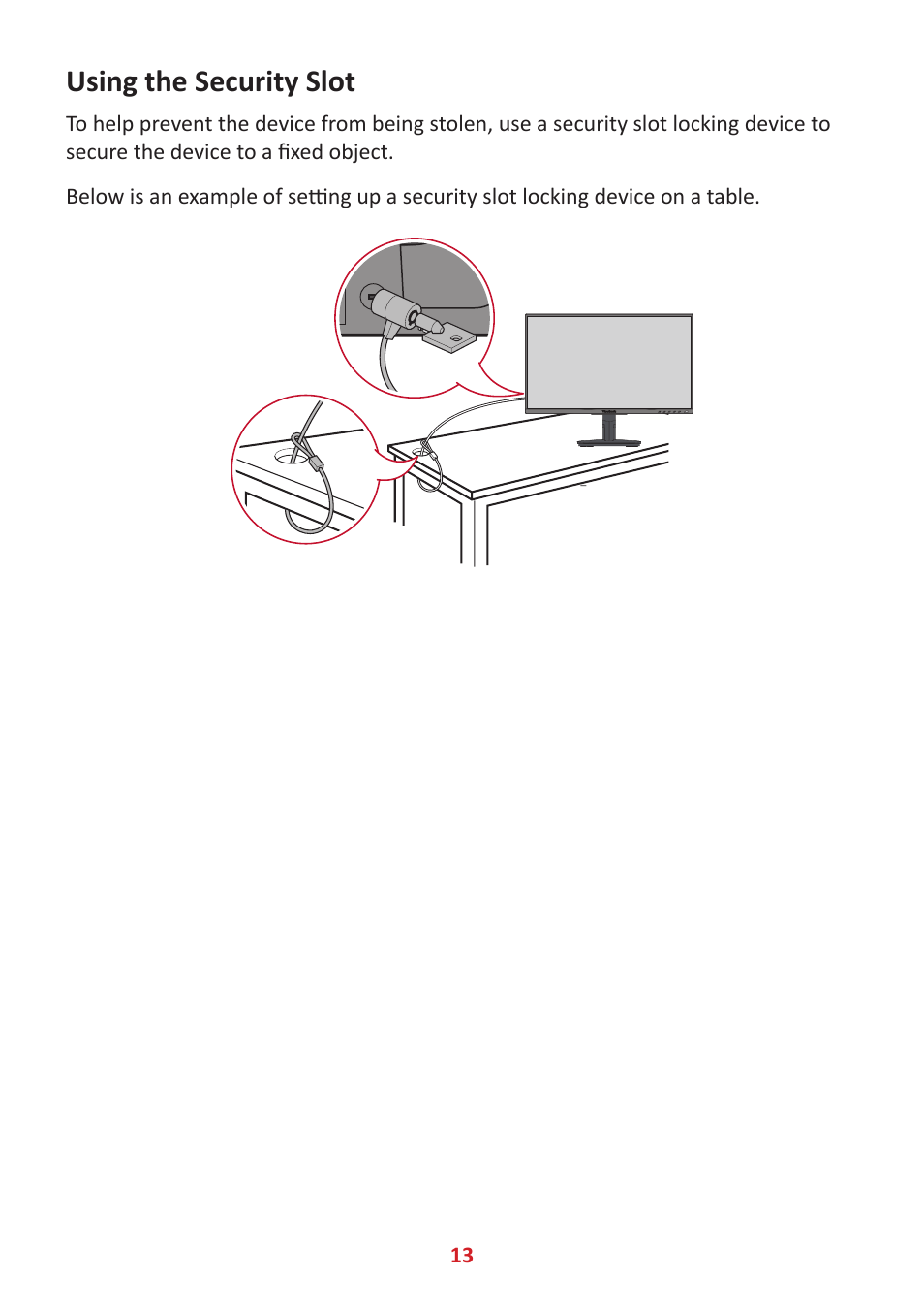Using the security slot | VIEWSONIC TD2455 23.8" 16:9 Multi-Touch IPS Monitor User Manual | Page 13 / 63
