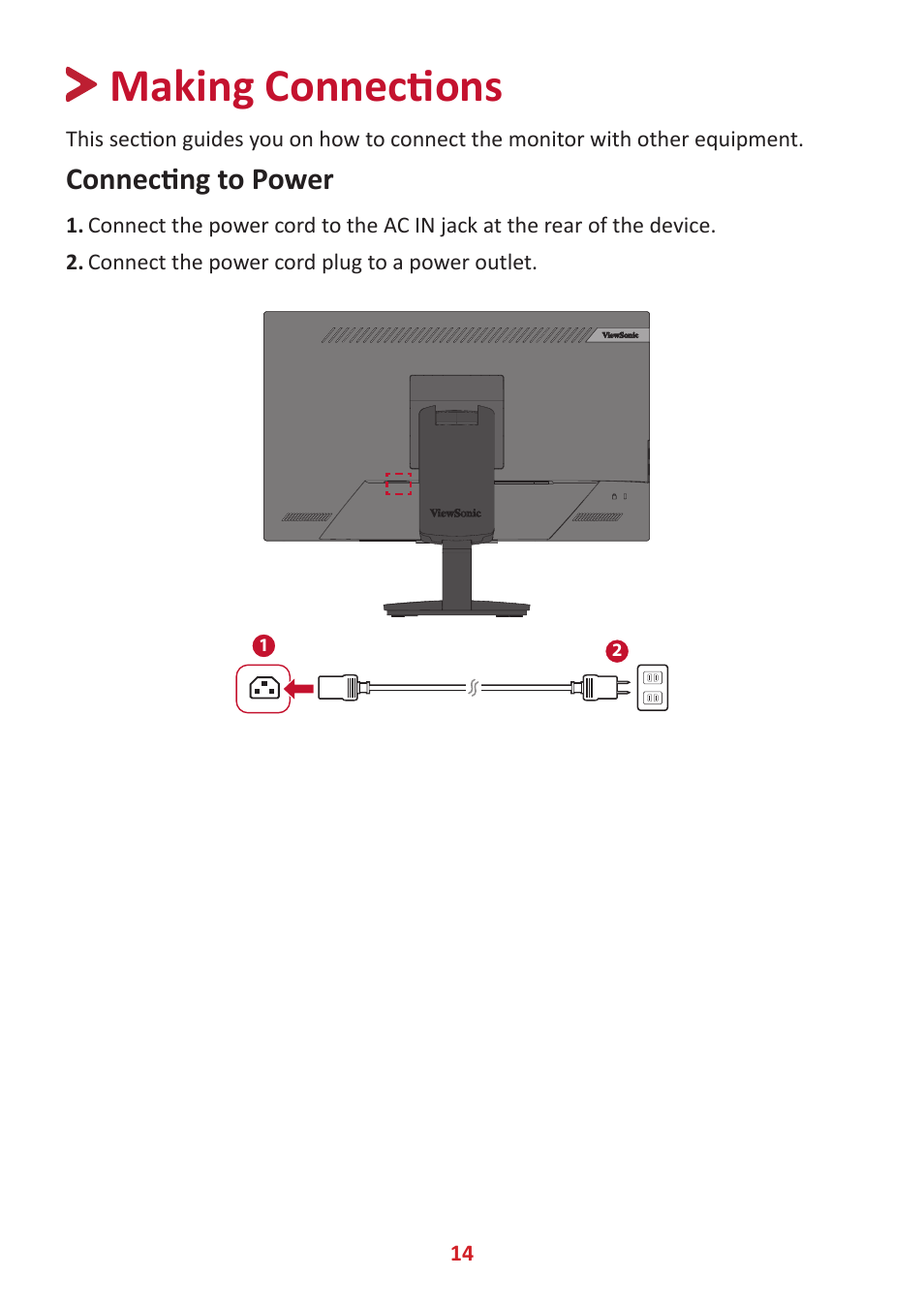 Making connections, Connecting to power | VIEWSONIC TD2455 23.8" 16:9 Multi-Touch IPS Monitor User Manual | Page 14 / 63