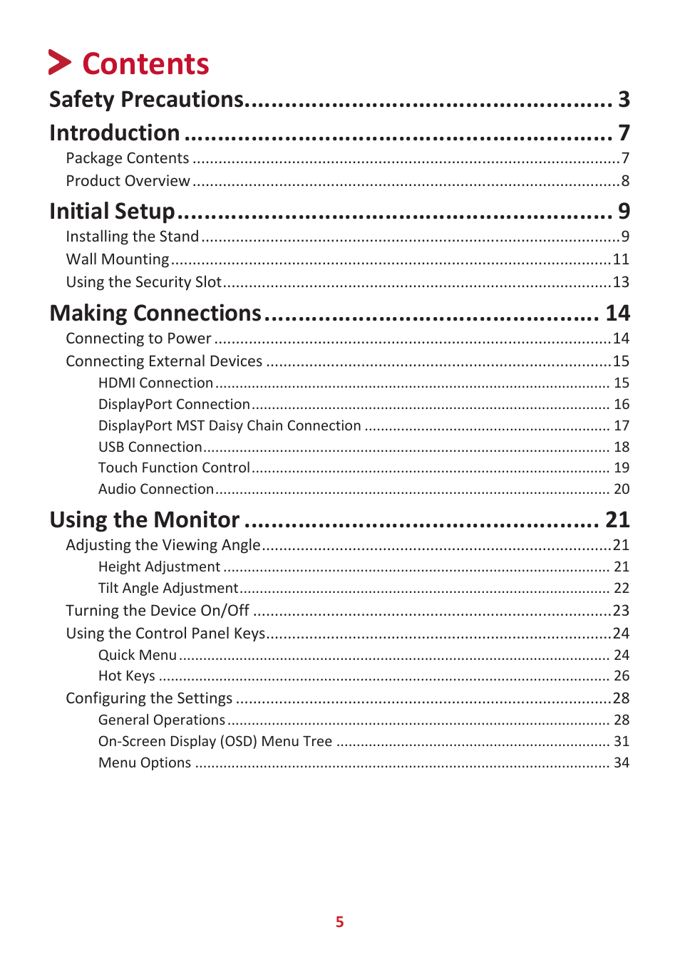 VIEWSONIC TD2455 23.8" 16:9 Multi-Touch IPS Monitor User Manual | Page 5 / 63