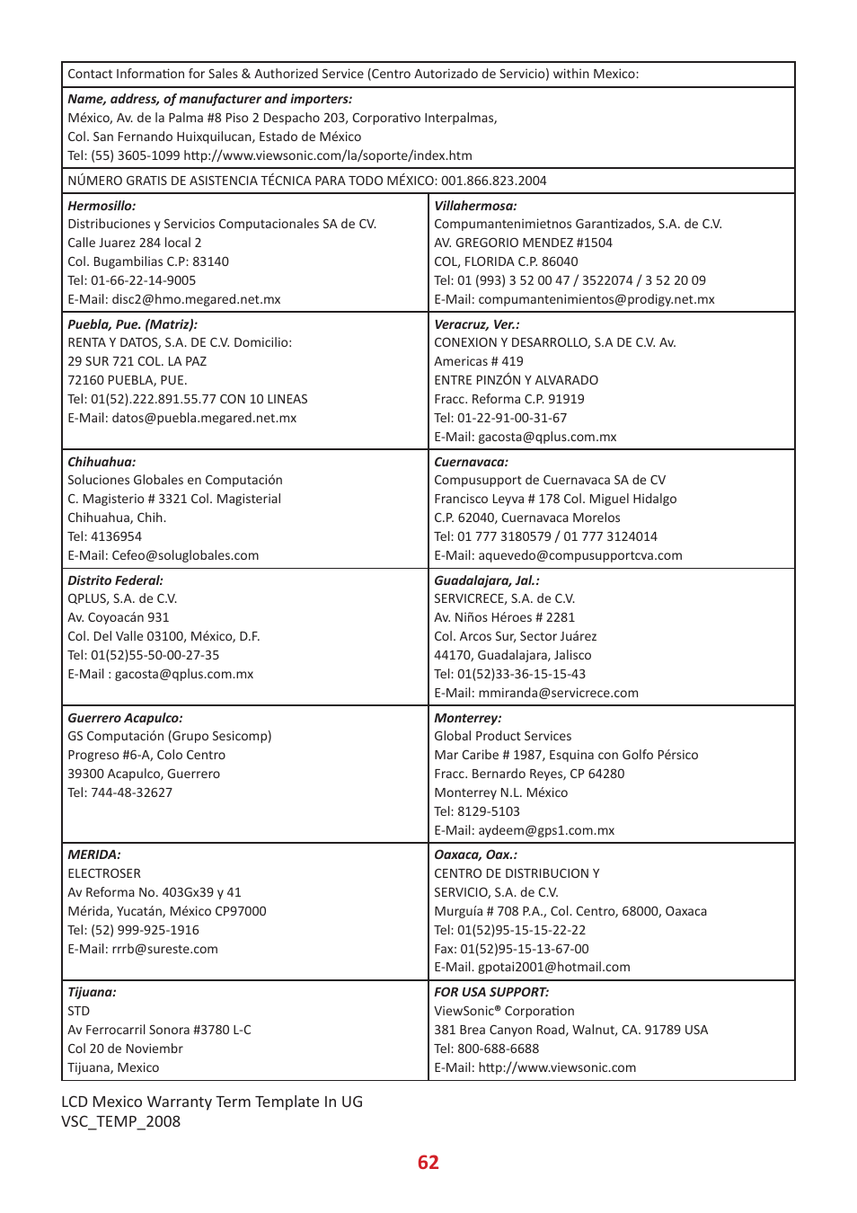 VIEWSONIC TD2455 23.8" 16:9 Multi-Touch IPS Monitor User Manual | Page 62 / 63