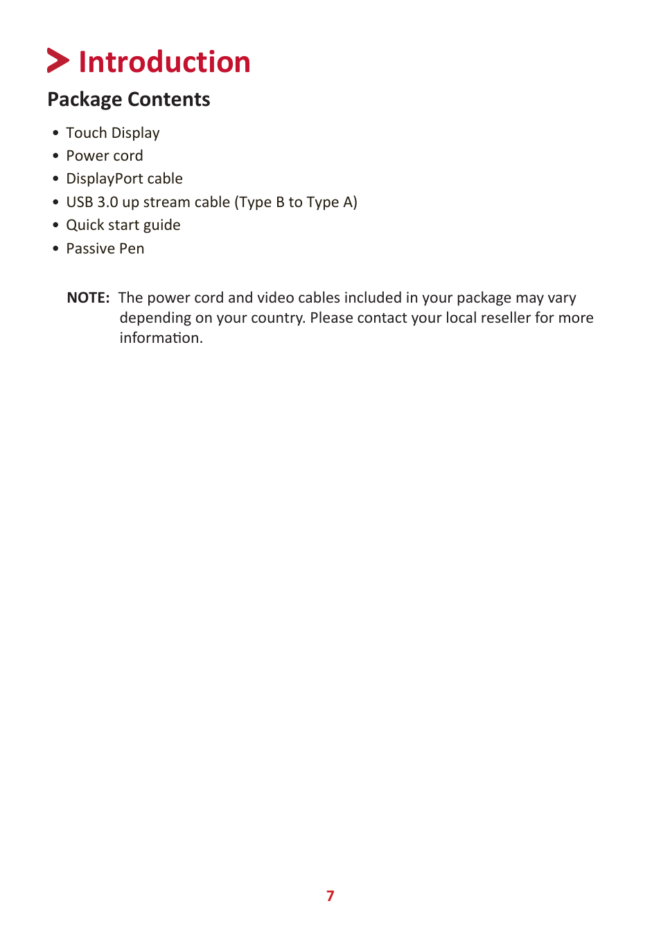 Introduction, Package contents | VIEWSONIC TD2455 23.8" 16:9 Multi-Touch IPS Monitor User Manual | Page 7 / 63