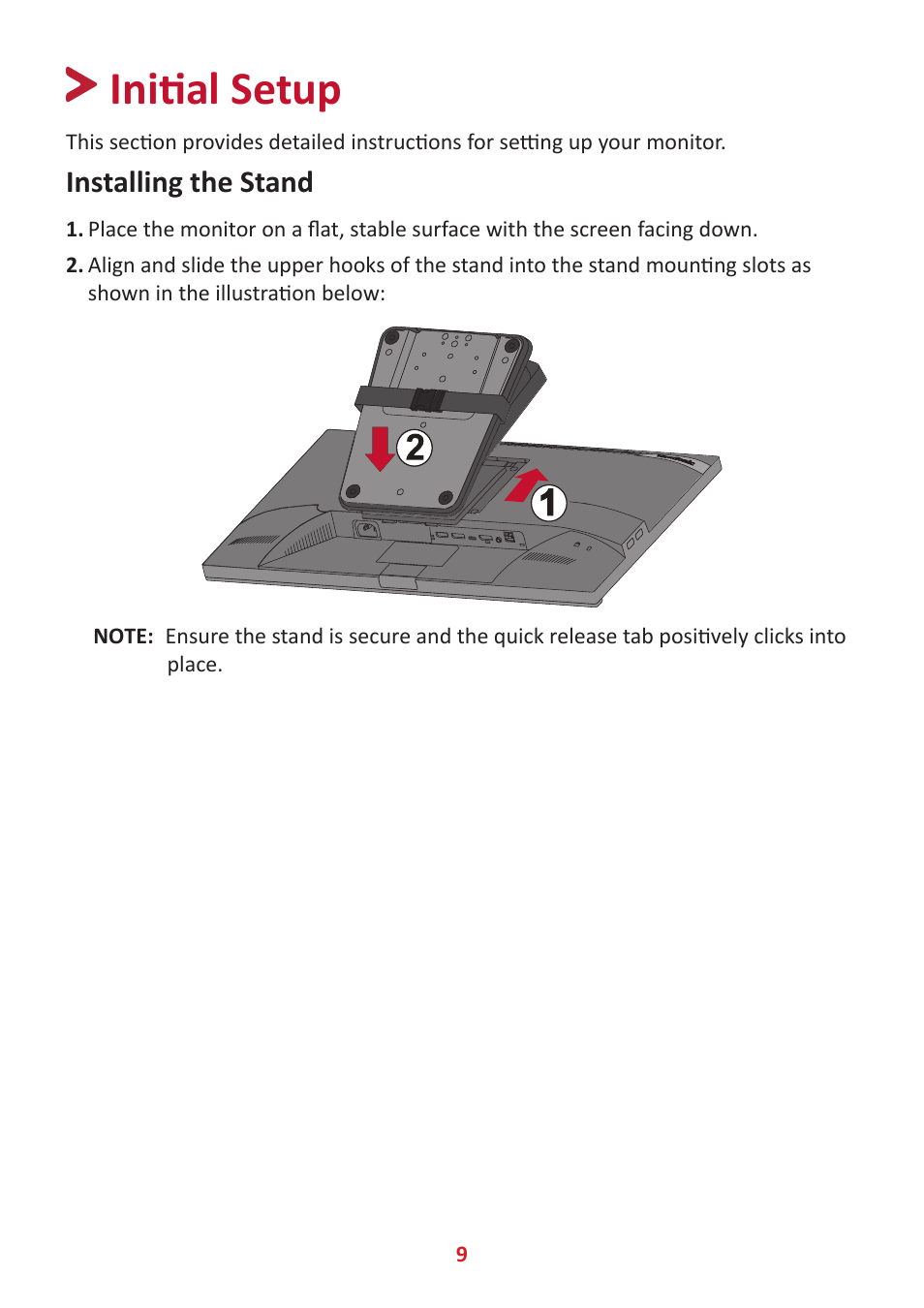 Initial setup, Installing the stand | VIEWSONIC TD2455 23.8" 16:9 Multi-Touch IPS Monitor User Manual | Page 9 / 63