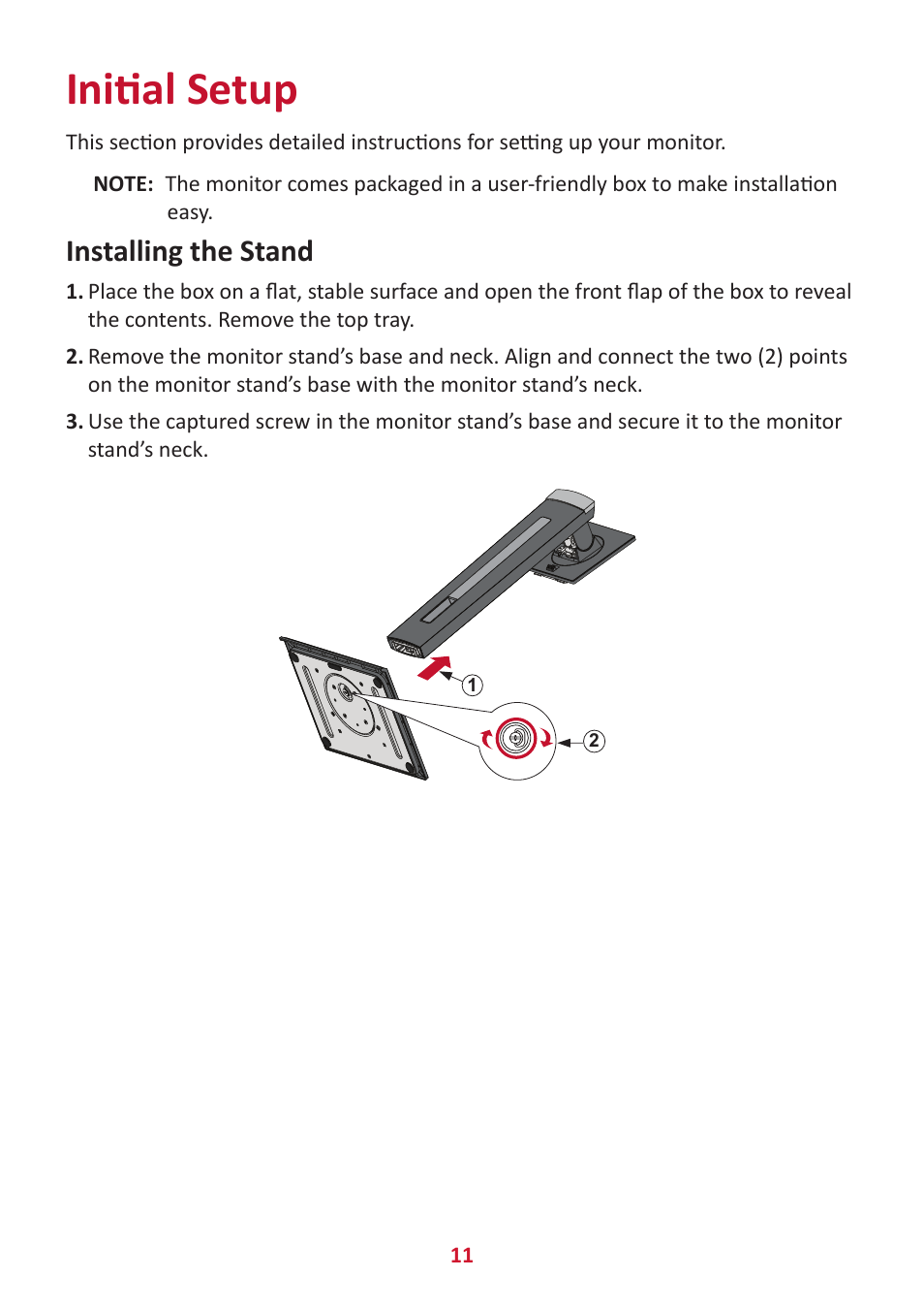 Initial setup, Installing the stand | VIEWSONIC VG2456V 23.8" Conferencing Monitor User Manual | Page 11 / 73