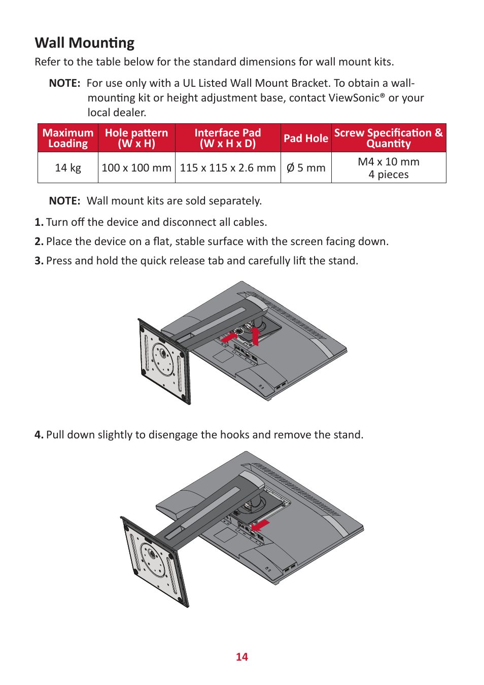 Wall mounting | VIEWSONIC VG2456V 23.8" Conferencing Monitor User Manual | Page 14 / 73