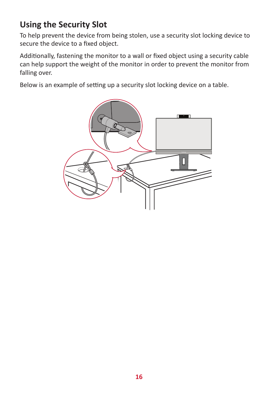 Using the security slot | VIEWSONIC VG2456V 23.8" Conferencing Monitor User Manual | Page 16 / 73