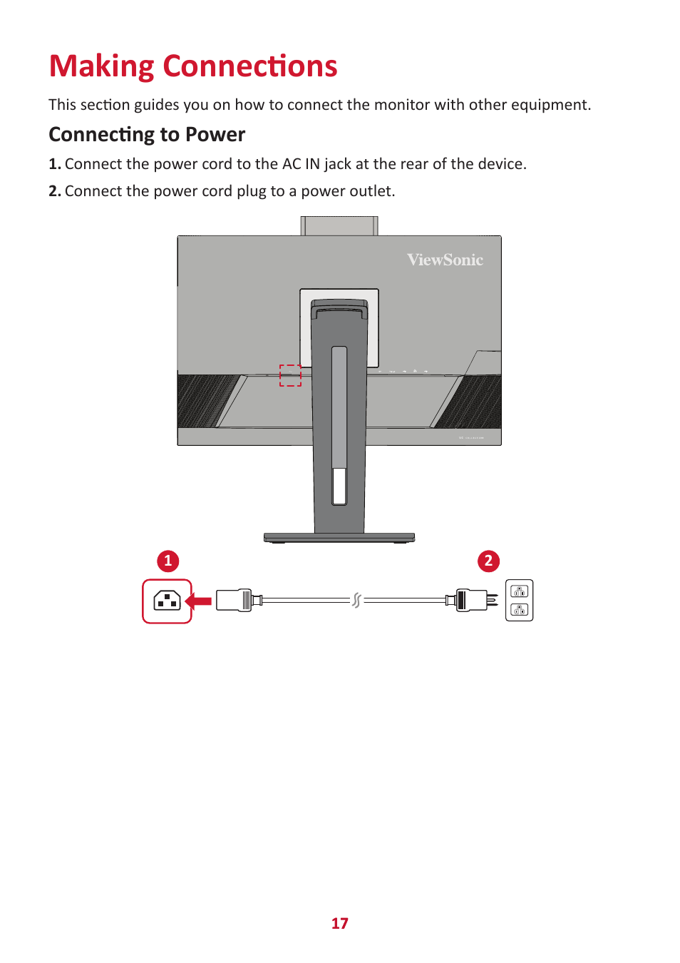 Making connections, Connecting to power | VIEWSONIC VG2456V 23.8" Conferencing Monitor User Manual | Page 17 / 73