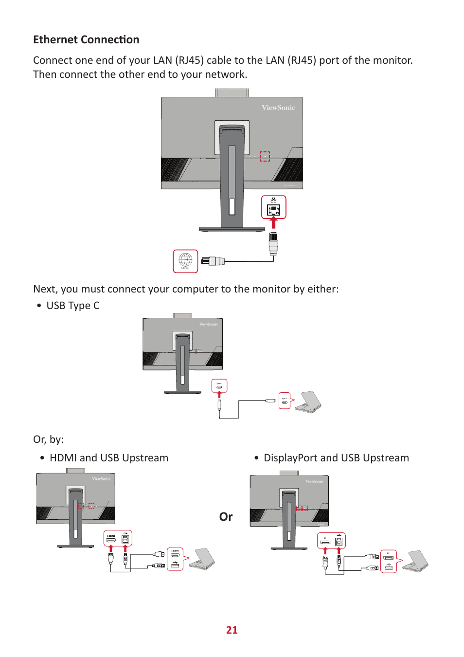 Ethernet connection, Or, by: • hdmi and usb upstream, Displayport and usb upstream | VIEWSONIC VG2456V 23.8" Conferencing Monitor User Manual | Page 21 / 73