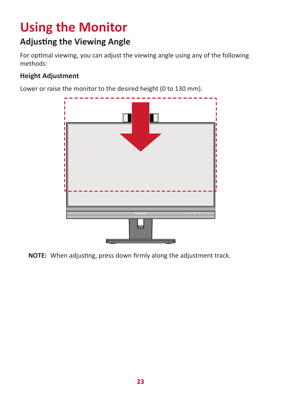 Using the monitor, Adjusting the viewing angle | VIEWSONIC VG2456V 23.8" Conferencing Monitor User Manual | Page 23 / 73