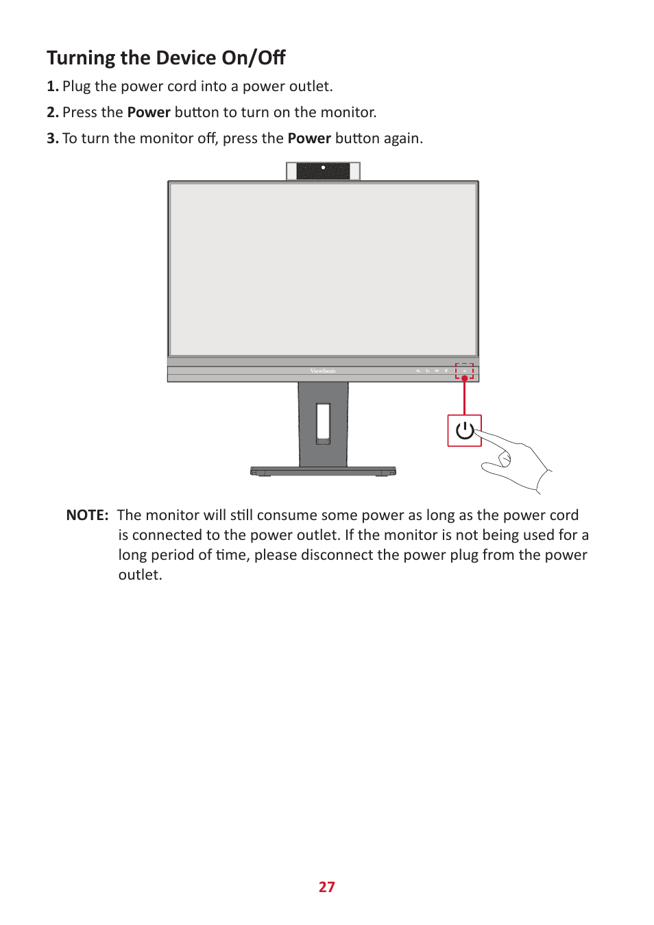 Turning the device on/off | VIEWSONIC VG2456V 23.8" Conferencing Monitor User Manual | Page 27 / 73