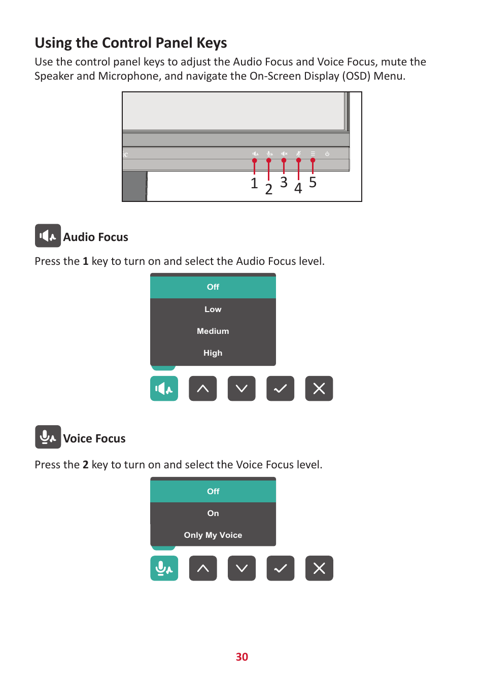 Using the control panel keys, Audio focus, Voice focus | VIEWSONIC VG2456V 23.8" Conferencing Monitor User Manual | Page 30 / 73