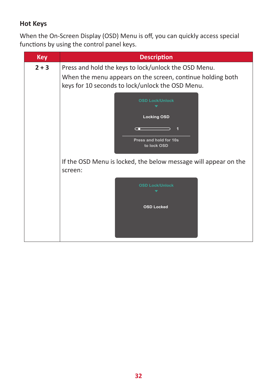 Hot keys | VIEWSONIC VG2456V 23.8" Conferencing Monitor User Manual | Page 32 / 73