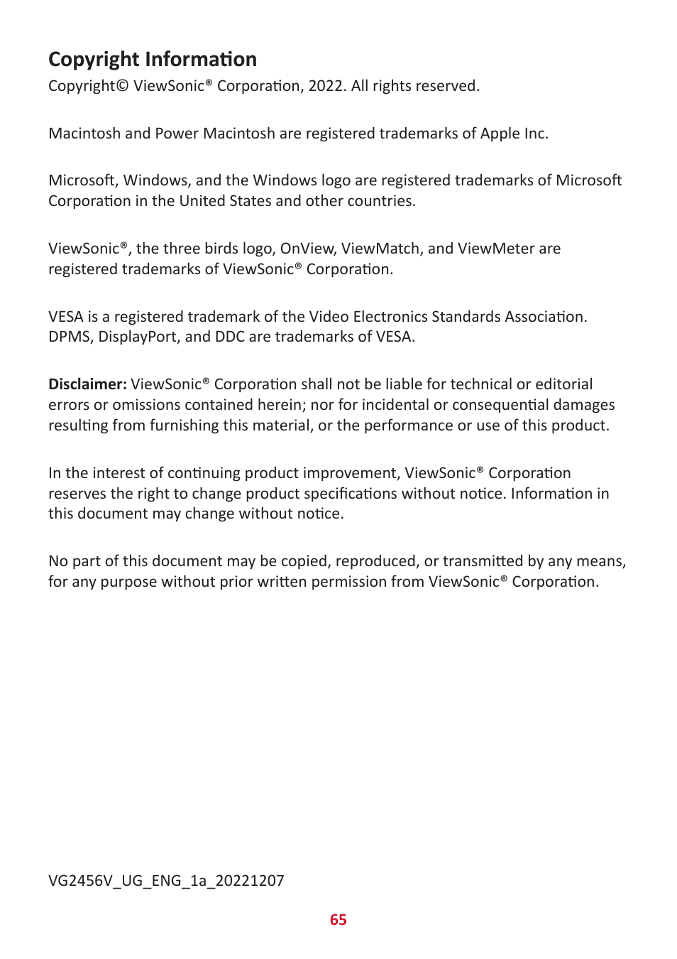 Copyright information | VIEWSONIC VG2456V 23.8" Conferencing Monitor User Manual | Page 65 / 73