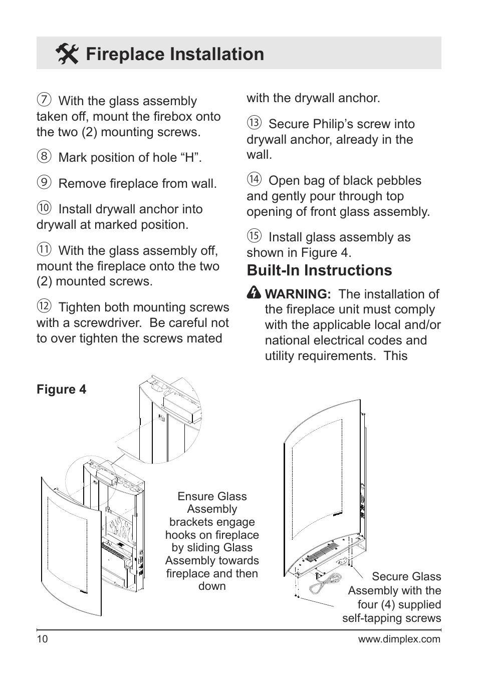 Fireplace installation, Built-in instructions | Dimplex Electric Fireplace VCX1525 User Manual | Page 10 / 20