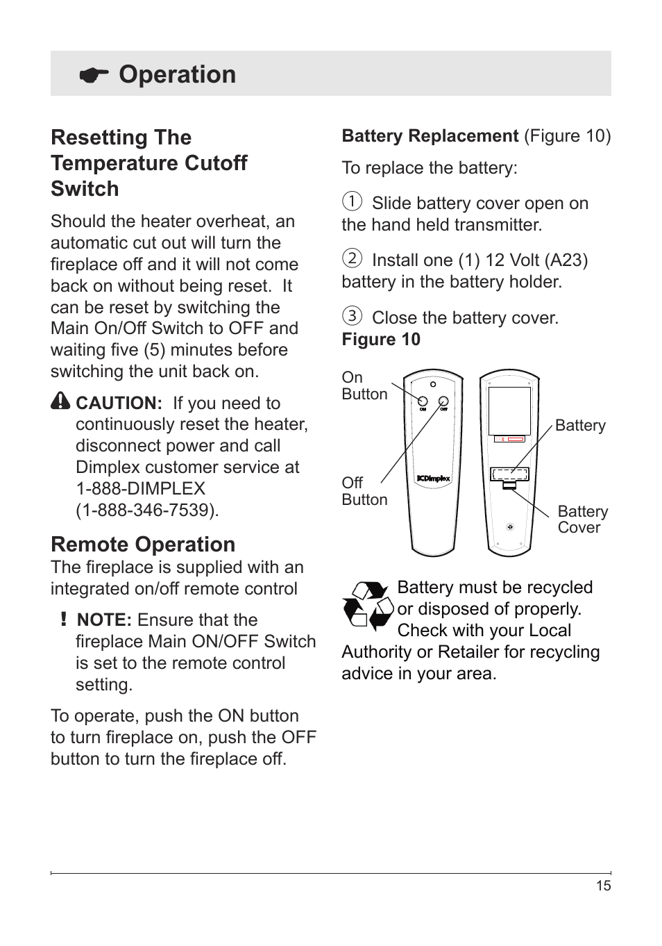 Operation, Resetting the temperature cutoff switch, Remote operation | Dimplex Electric Fireplace VCX1525 User Manual | Page 15 / 20