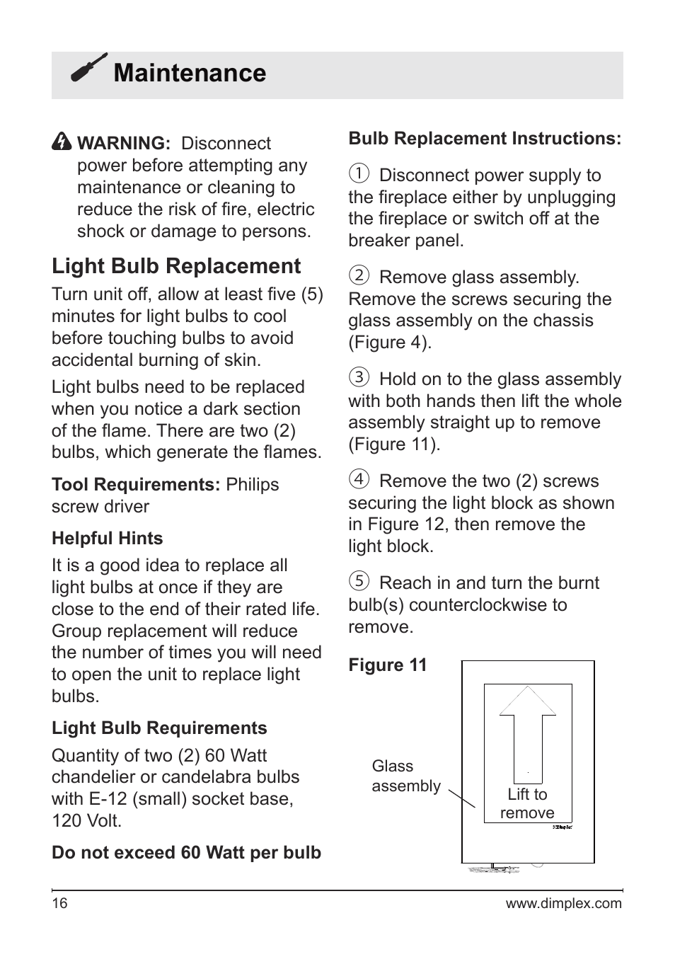 Maintenance, Light bulb replacement | Dimplex Electric Fireplace VCX1525 User Manual | Page 16 / 20