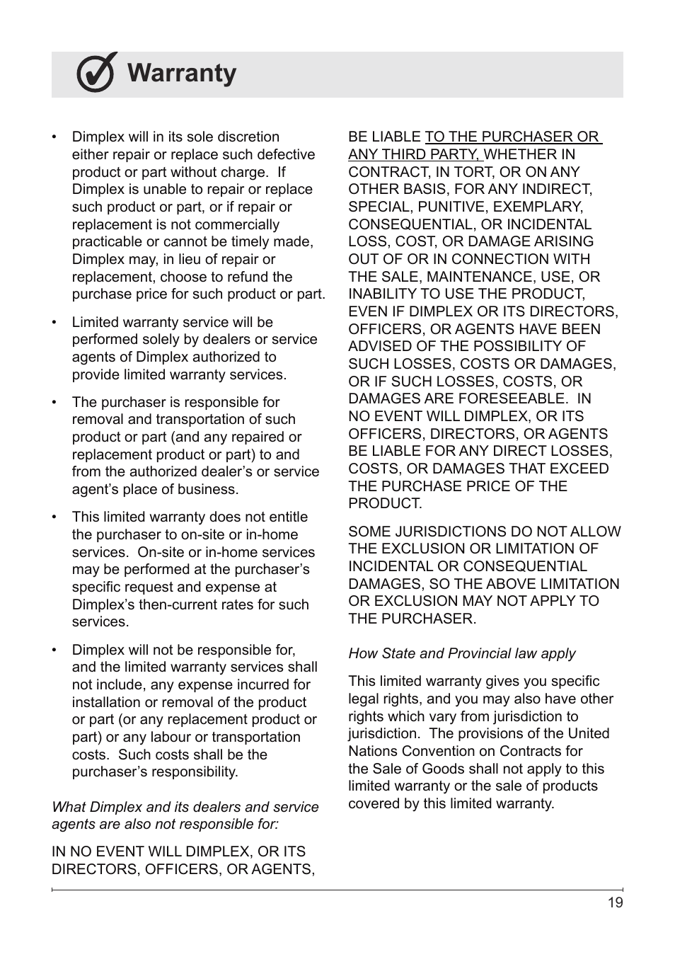 Warranty | Dimplex Electric Fireplace VCX1525 User Manual | Page 19 / 20