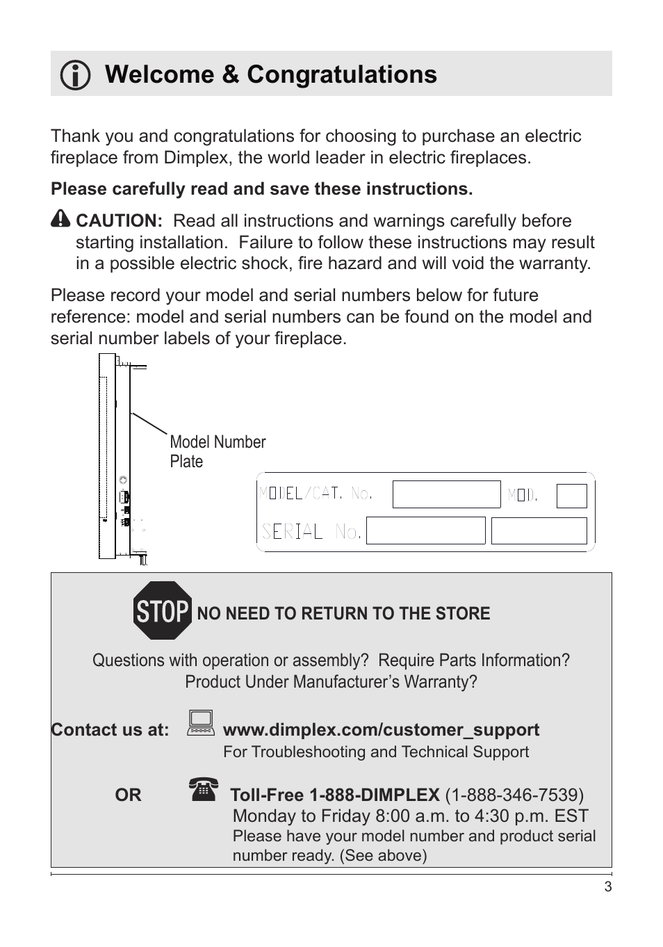 Welcome & congratulations | Dimplex Electric Fireplace VCX1525 User Manual | Page 3 / 20