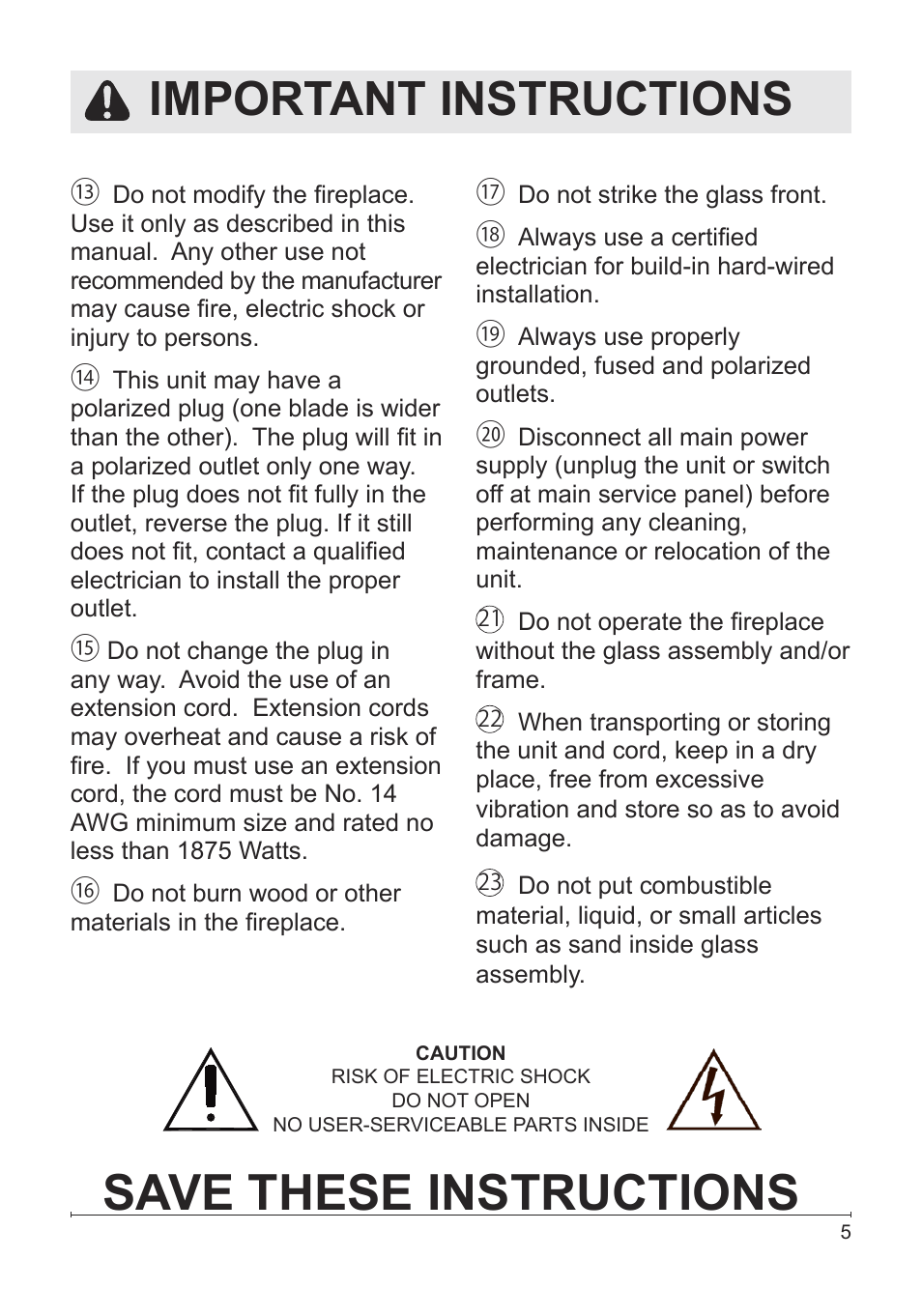 Save these instructions, Important instructions | Dimplex Electric Fireplace VCX1525 User Manual | Page 5 / 20